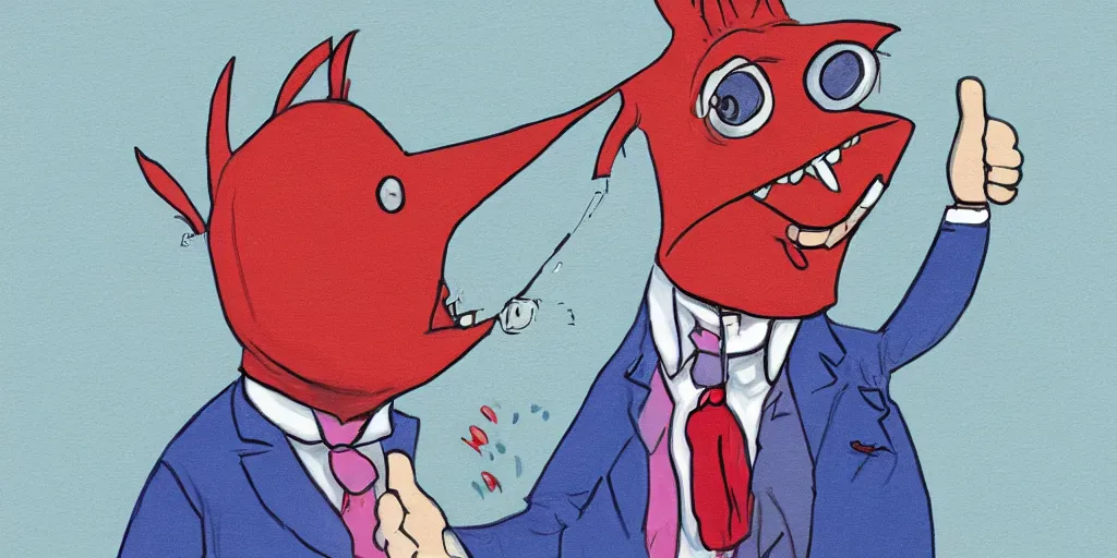 Image similar to an anthropomorphic fish wearing a suit giving a thumbs up, by lisa hanawalt, by wanda gag