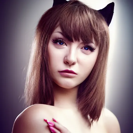 Image similar to face portrait, catgirl cosplayer, professional lighting, rim lighting, dark background, 8 5 mm f / 1. 4, studio photography by jil greenberg