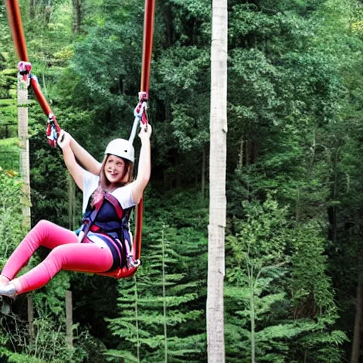 Prompt: cute girl riding zipline rollercoaster through the forest