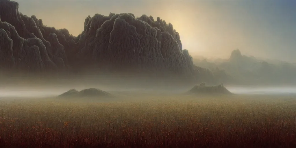 Prompt: ”a beautiful painting of a huge alien stronghold. morning light. by Zdzisław Beksiński, h.r. giger. landscape. mist. unreal engine 5. trending on artstation. 4k. matte painting”