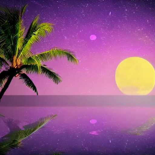 Prompt: dreamy wistful oasis whimsical purple pink blue calm nighttime stars palm tree lush pond reflecting moon