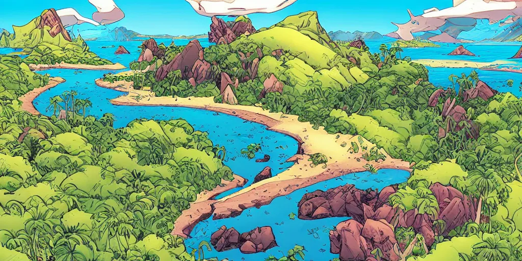 Prompt: stunning landscape of a lost island on a sunny day by brian k. vaughan