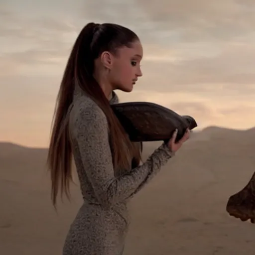 Image similar to ariana grande holding an ancient dinosaur skull in the movie interstellar