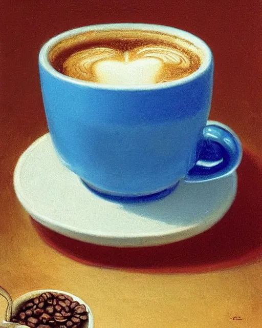 Prompt: 'brain floating inside cup of coffee' by michael sowa, still life, far shot, blue background, vibrant, brain, realism