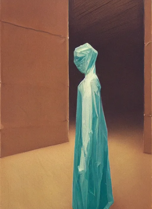 Prompt: woman in a translucent dress made from plastic bag with paper bags for clothes standing inside paper bags with paper bag over the head at store display in a pile of plastic bags Edward Hopper and James Gilleard, Zdzislaw Beksinski, highly detailed