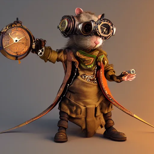 Image similar to rat warrior with steampunk goggles, clockwork, octane render, epic, cinematic, psychedelic, lsd, by ruan jia