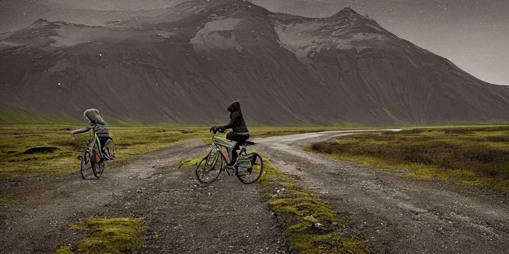 Prompt: A digital painting by Simon Stålenhag of a woman in north face clothes on a touring bike on a gravel road of Iceland. The bike has vaude saddlebags mounted on the rack of the bike. Around the road there are monumental old ruins tower of a dark misty forest,overcast, sci-fi