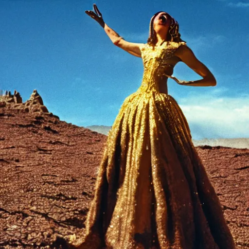 Image similar to salvador dali wearing a golden dress with jewels in a dry rocky desert landscape, visible sky and sunny atmosphere, film still from the movie by alejandro jodorowsky with cinematogrophy of christopher doyle and art direction by hans giger, anamorphic lens, kodakchrome, very detailed photo, 8 k