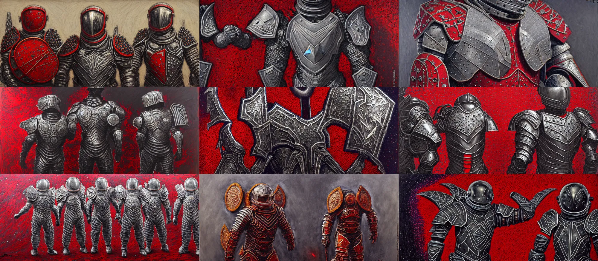 Prompt: battle scene, astronauts - gladiators fractal armor with girih bargello pattern, lorica segmentum, tonalist, symbolist, figurative, concept, chiaroscuro, grisaille, palette knife, heraldry, frenetic, stippling, shadows, luminous, sublime, edge lighting, payne's grey, venetian red