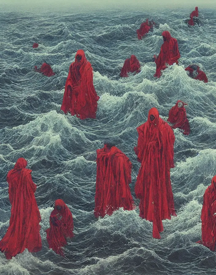 Image similar to worshippers in red robes and hoods wading through waves, high detailed beksinski painting, part by adrian ghenie and gerhard richter. art by takato yamamoto. masterpiece, deep colours, blue