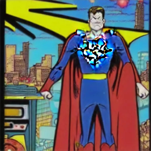 Image similar to a comic book super hero who is just really good at pinball and throws pinball machines he has a long cape his left hand is missing and instead is a launcher from a pinball machine, 4k, highly detailed, heroic pose, graphic novel, bright colors, dark lines