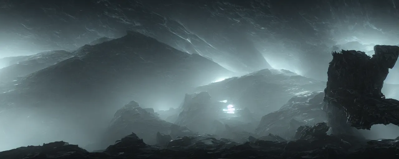 Prompt: dark epic scifi, spaceengine, highly detailed, chiaroscuro, volumetric lighting, octane render, majestic, mysterious, double - exposure, light, tones of black in background, sublime, soft lighting, ray tracing global illumination, translucid luminescence, lumen reflections