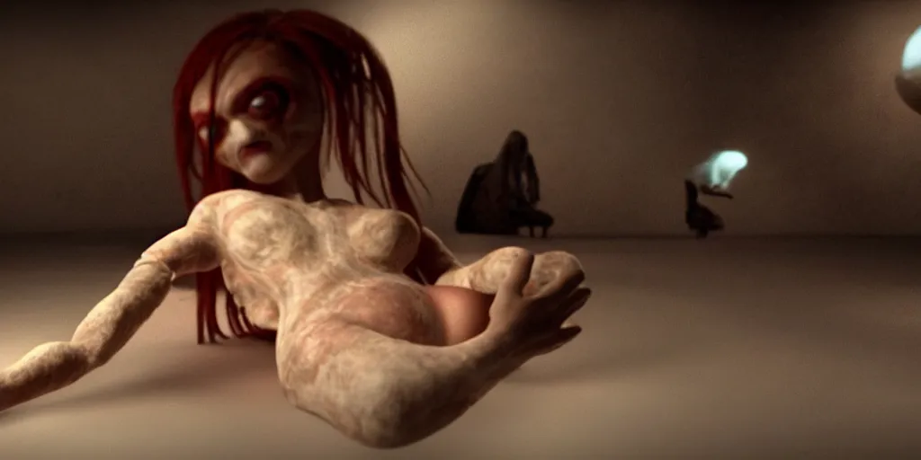 Image similar to a girl lay eggs from an alien para site inside her, realistic, still shot from movie, horror