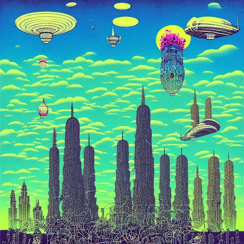 Image similar to surreal glimpse into other universe, mahanakorn tower with airship floating n the sky, summer morning, very coherent and colorful high contrast, art by!!!! rafal olbinski!!!!, geof darrow, floralpunk screen printing woodblock, dark shadows, hard lighting, stipple brush technique,