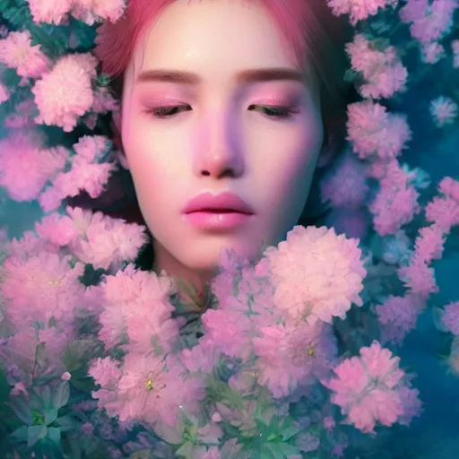 Prompt: portrait of the most beautiful woman surrounded by soft florals, vaporwave lighting, dewy skin, concept art, high detail, beautiful, dreamy, blender