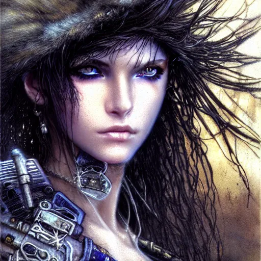 Image similar to an award finning closeup facial portrait by luis royo and john howe of a very beautiful and attractive female bohemian cyberpunk traveller aged 1 9 in excessively fashionable cyberpunk gear