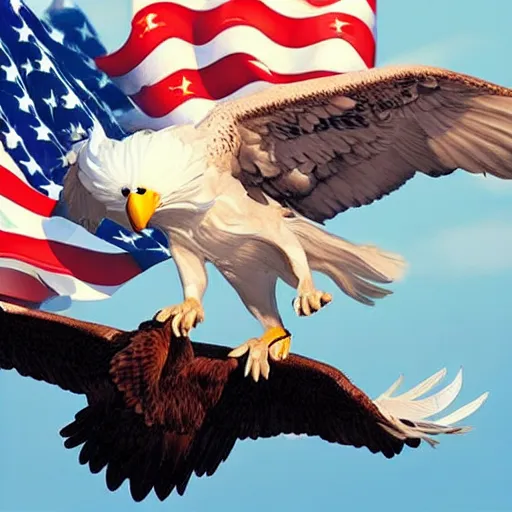 Image similar to a dog flying with a bald eagle, photorealistic, highly detailed, patriotic, trending on artstation