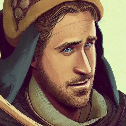 Prompt: portrait of the medieval old ryan gosling, artstation, cartoon, elegant, highly detailed, digital painting, concept art, smooth, clear focus, illustration, works by studio ghibli, makoto shinkai, don bluth, fujita goro, jean giraud, atey gaylan, akihiko yoshida, tom whalen, anton fadeev 8 k