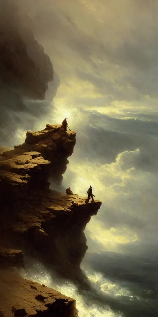 Image similar to a big cliff at the middle of the day in 1 9 4 0, stormy sea, a only men stand up at the edge of the precipice, steam punk, mystical yellow fog, oil on canvas, art by andreas achenbach, clemens ascher, tom bagshaw and sabbas apterus,