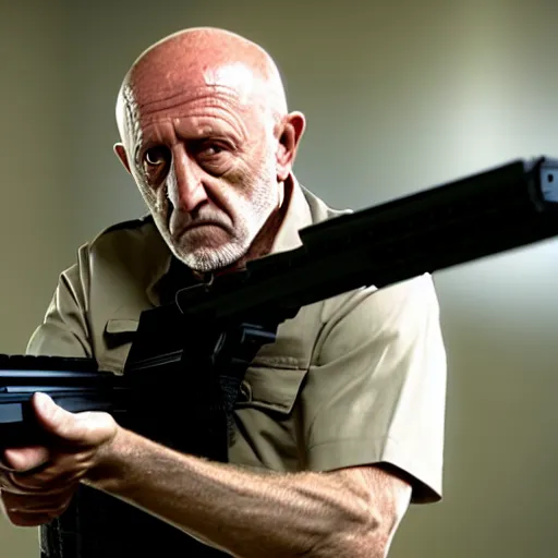 Image similar to Film Still of Mike Ehrmantraut aiming a sniper rifle and wearing a bulletproof vest, 4k, highly detailed, centered