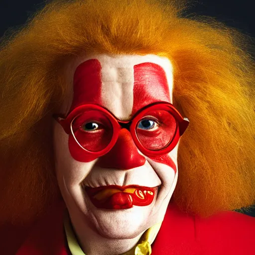 Image similar to portrait photograph of Ronald-McDonald with an angry stare