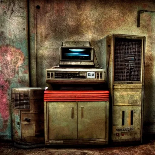 Prompt: old rusty sci - fi computer lab abandonned - vintage colors