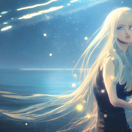 Image similar to ilya kuvshinov with long sky blue hair, gold eyes, professional digital painting, concept art, unreal engine 5, 8 k, cinematic, wlop, bubbles, tendrils in the background, art by greg rutkowski, pixiv art, junji ito, yoshitaka amano