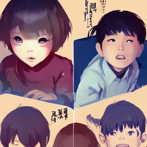 Image similar to four asian kids sitting around each holding a digital tablet, dramatic, top down view, comic cover style, by guweiz and wlop and ilya kuvshinov and artgerm and makoto shinkai and studio ghibli, aesthetic, gorgeous, stunning, alluring, attractive, artstation, deviantart, digital art