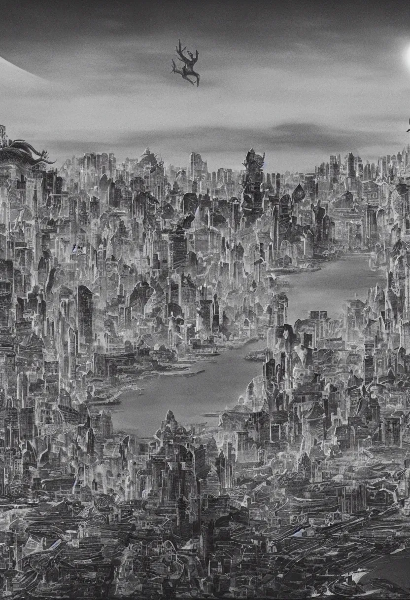 Prompt: a goryeo budhist painting of a singular giant Kaiju Starfish Monster over a city skyline, minimal cinematography by Fritz Lang and Orson Welles, hyperrealistic movie filmstill