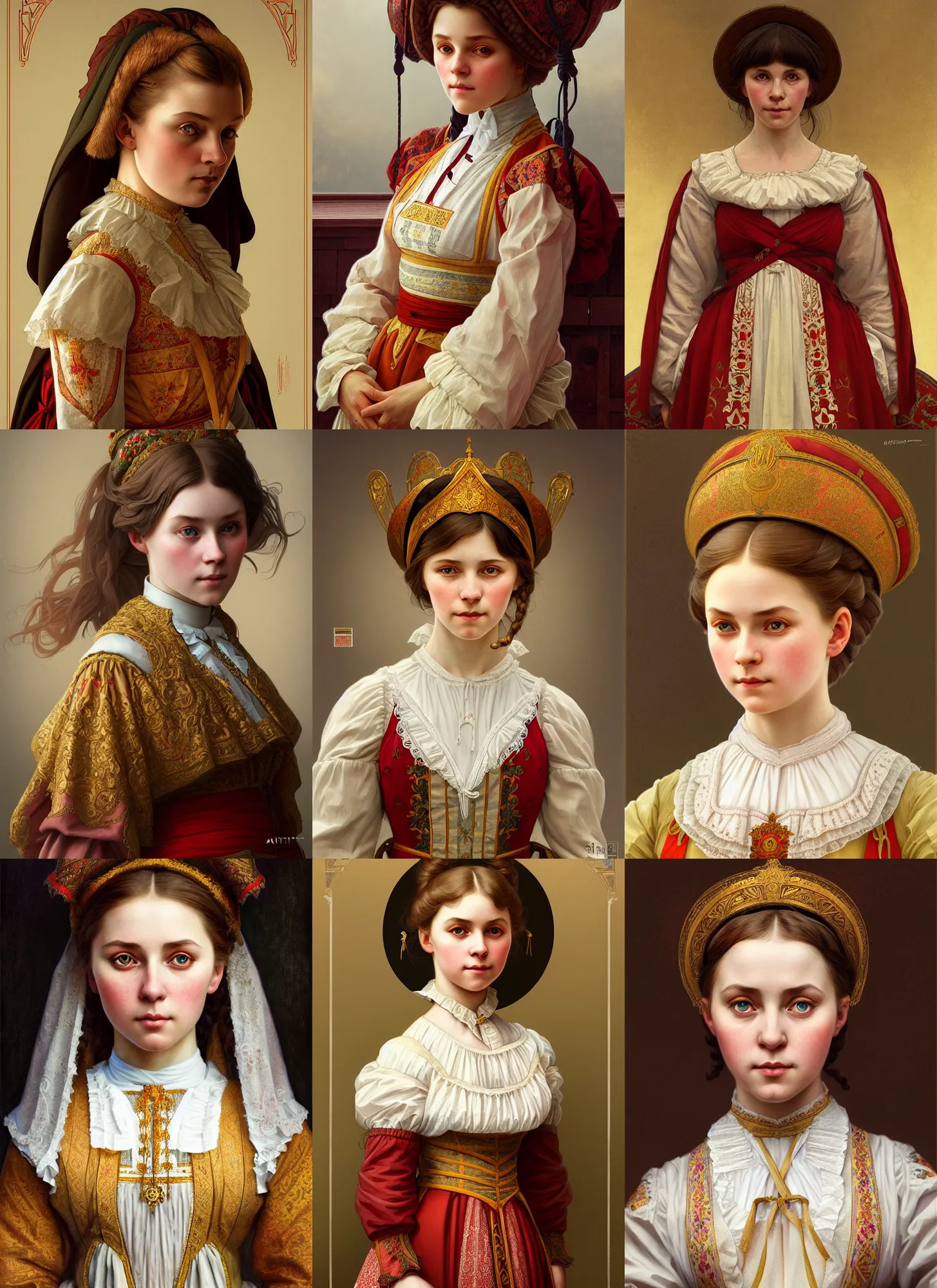 Prompt: symmetry!! portrait of 1 5 0 0 russian girl in historical russian clothing, historical, intricate, highly detailed, dynamic lighting, digital art, digital painting, artstation, wlop, sharp focus, illustration, art by artgerm and greg rutkowski and alphonse mucha, 8 k