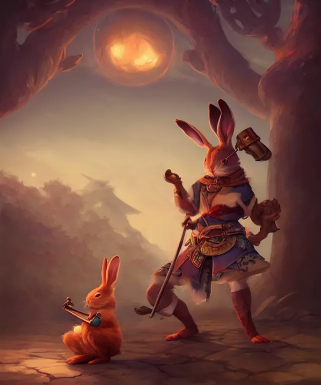 Image similar to a portrait an anthropomorphic rabbit samurai eating dim sum, landscape in background, cute and adorable, dnd character art portrait, well rendered matte fantasy painting, deviantart artstation, by jason felix by steve argyle by tyler jacobson by peter mohrbacher, cinematic lighting