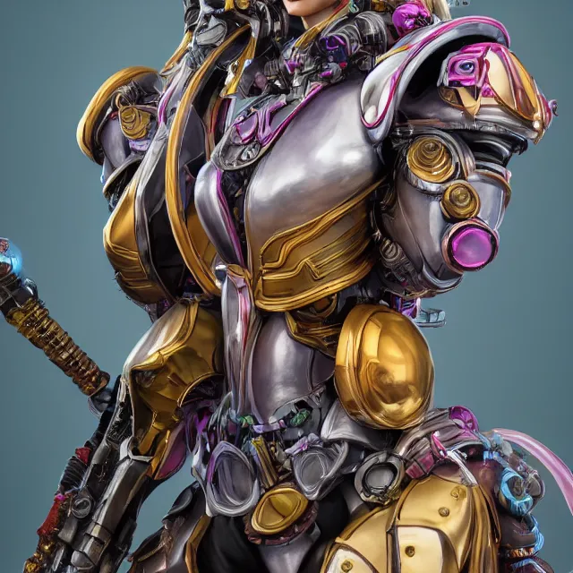 Image similar to studio portrait of lawful good colorful female holy mecha paladin absurdly beautiful, elegant, young fitness model, ultrafine hyperrealistic detailed face illustration by kim jung gi, irakli nadar, intricate linework, sharp focus, bright colors, matte, octopath traveler, final fantasy, unreal engine highly rendered, global illumination, radiant light, intricate environment