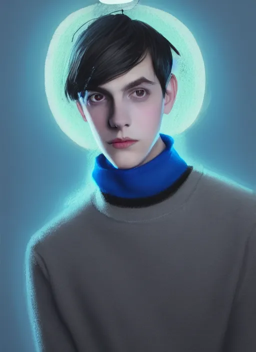 Image similar to portrait of teenage jughead jones wearing a light grey crown, crown, blue turtleneck, closed eyes, photorealistic, black hair, glowing lighting, intricate, elegant, glowing lights, highly detailed, digital painting, artstation, concept art, smooth, sharp focus, illustration, art by wlop, mars ravelo and greg rutkowski