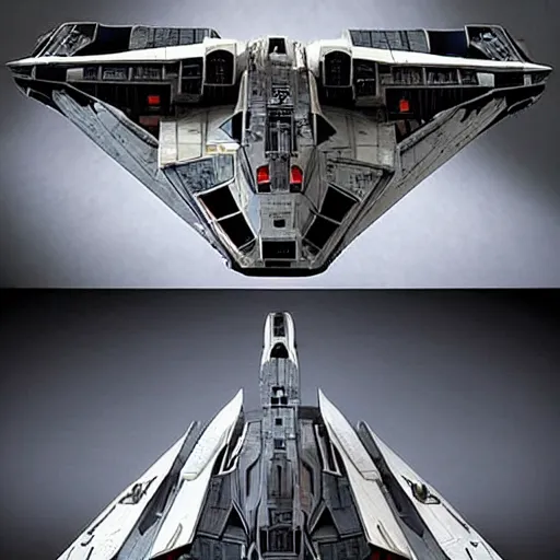 Image similar to a cross between the starship enterprise and an x - wing from star wars