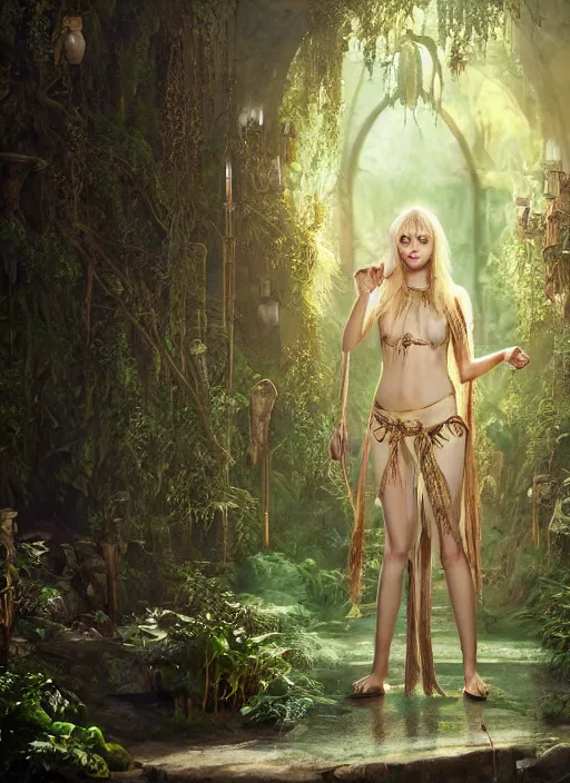 Prompt: Beautiful art full shot of taylor momsen as a fantasy priestess in a bright temple surrounded by lush forest, atmospheric lighting, intricate detail, cgsociety, hyperrealistic, octane render, RPG portrait, ambient light, dynamic lighting