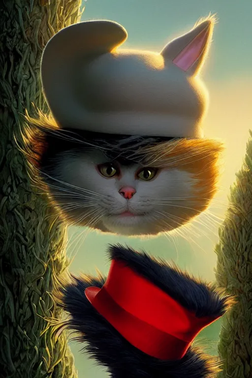 Prompt: complex 3 d render, hyper detailed, ultra sharp, of the cat in the hat, scary, cinematic, natural soft light, rim light, art by greg rutkowski and artgerm and tim hildebrandt, dr seuss