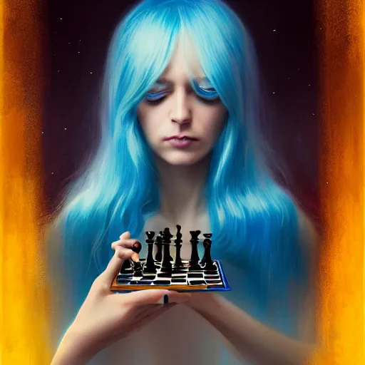 Image similar to rimuru tempest playing chess, with amber eyes of golden colored eyes, straight hair, sky blue hair, long bangs, high collar, concept art, award winning photography, digital painting, splash art, elegant, intricate, cinematic, wlop, 8 k, by ross tran, tom bagshaw, andy warhol