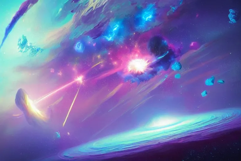 Image similar to a colorful comet spinning in a deep space nebula with majestic perfectly spherical planets made of ice, art by ivan aivazovsky and chris foss and lise deharme, beeple, trending on artstation, trending on behance, complementary colors