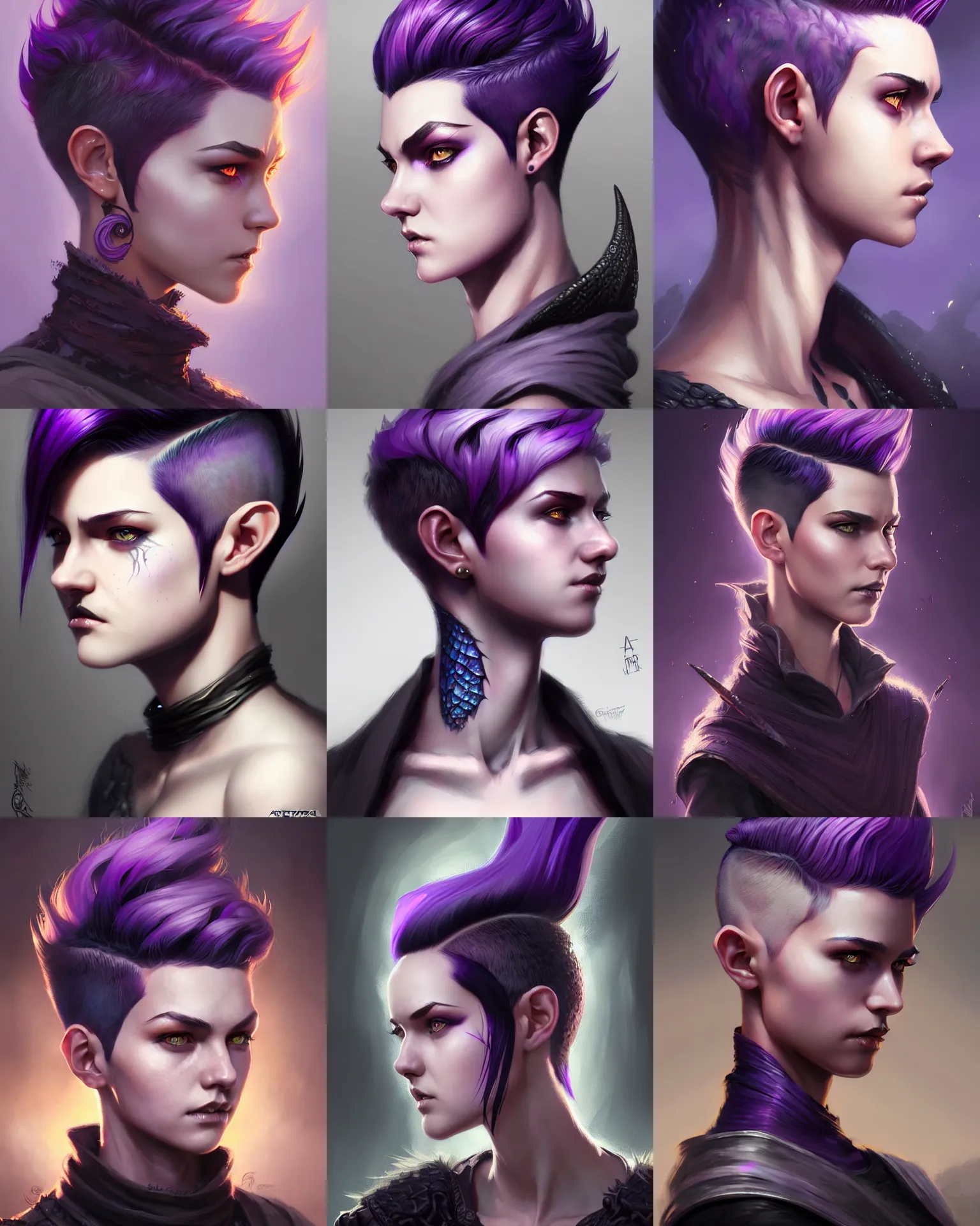 Prompt: Portrait of rugged young adult female witch, D&D fantasy, pixie undercut hairstyle, black to purple fade hairstyle, dragon scales across hairline, by Artgerm and Greg Rutkowski , digital painting, highly detailed, trending on artstation