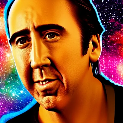 Image similar to nicholas cage very happy expression, cosmic starfield background digital art