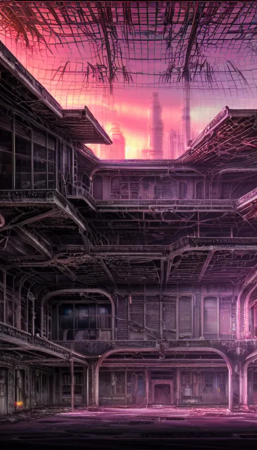 Image similar to a beautiful detailed highly detailed marketplace abandoned building industrial architecture architecture by ludwig mies van der rohe, lightpaint galactic cgsociety infrared sci - fi snowy retrowave laser sunset rainforest alien futuristic anime neon noir architecture island gem, archdaily, wallpaper, highly detailed, trending on artstation.