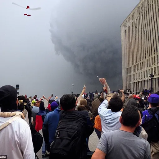 Image similar to tornado going into government building, papers flying around, people cheering for freedom