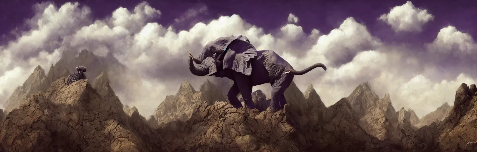 Prompt: A jagged mountain range with flying purple baby elephant, clouds, illustration, detailed, smooth, soft, warm, by Adolf Lachman, Shaun Tan, Surrealism