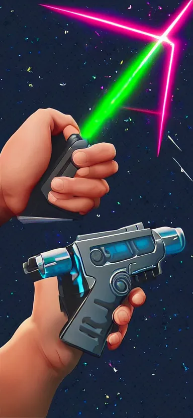 Prompt: “ hand in glove holding laser gun from the side, cinematic, digital art, fortnite style, award winning ”