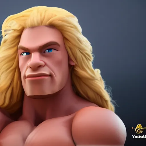 Image similar to a handsome bodybuilder viking girl with blond hair, clash royal style characters, unreal engine 5, octane render, detailed, cinematografic, cinema 4 d