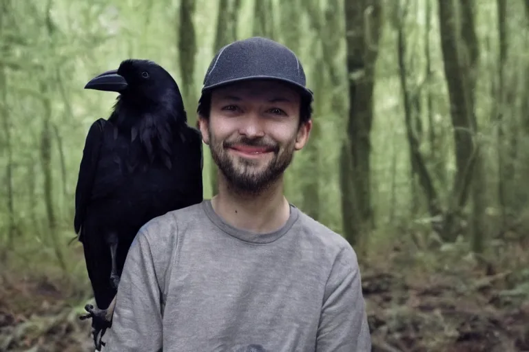 Prompt: !!!!!! human mixed with a crow, photograph captured in a dark forest