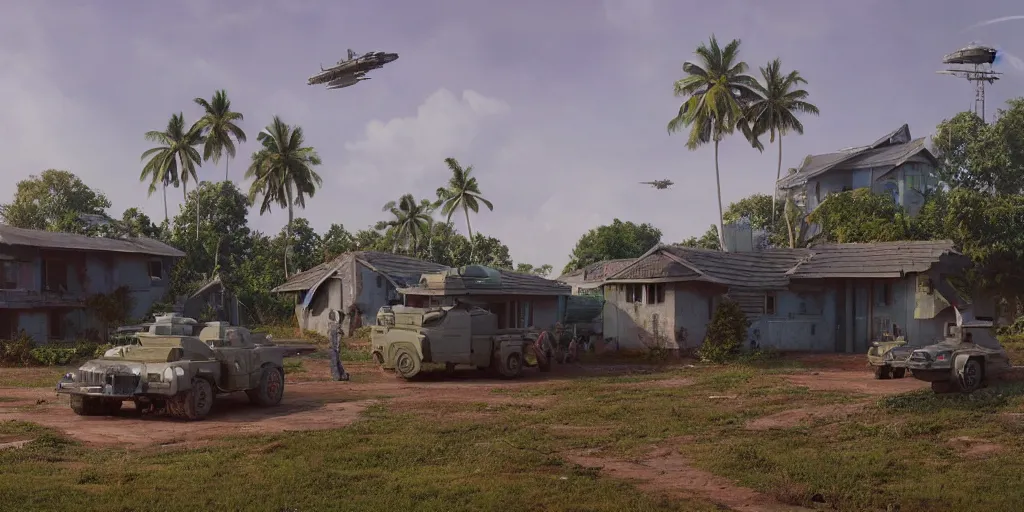 Image similar to a militarised spaceship parked infront of a house in a kerala village, photorealistic, 4k, matte painting, cinematic by simon stalenhag