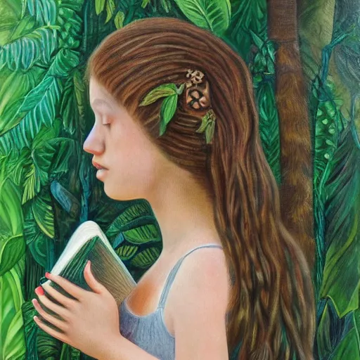 Image similar to a girl in a jungle with book, her hair flowing down, subtle, intricate details, real masterpiece, oil on canvas, by somsak anong