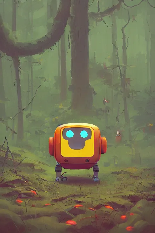 Image similar to Cute little robot lost in the forest art style by Simon Stålenhag, , trending on artstation, artstationHD, artstationHQ, 4k, 8k