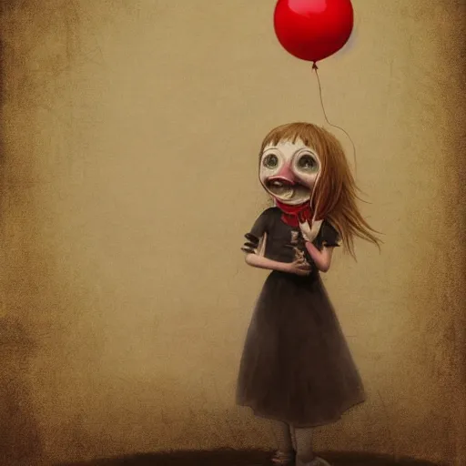 Prompt: surrealism grunge cartoon sketch of a sad little girlwith a wide smile and a red balloon by - michael karcz, loony toons style, horror theme, detailed, elegant, intricate